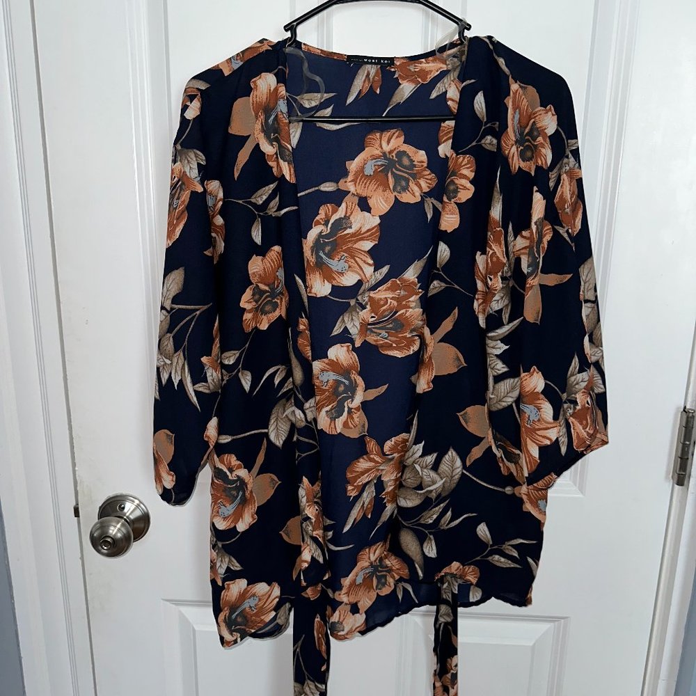 Blue & Pink Floral Cover Up Style Top with Front Tie Detail
